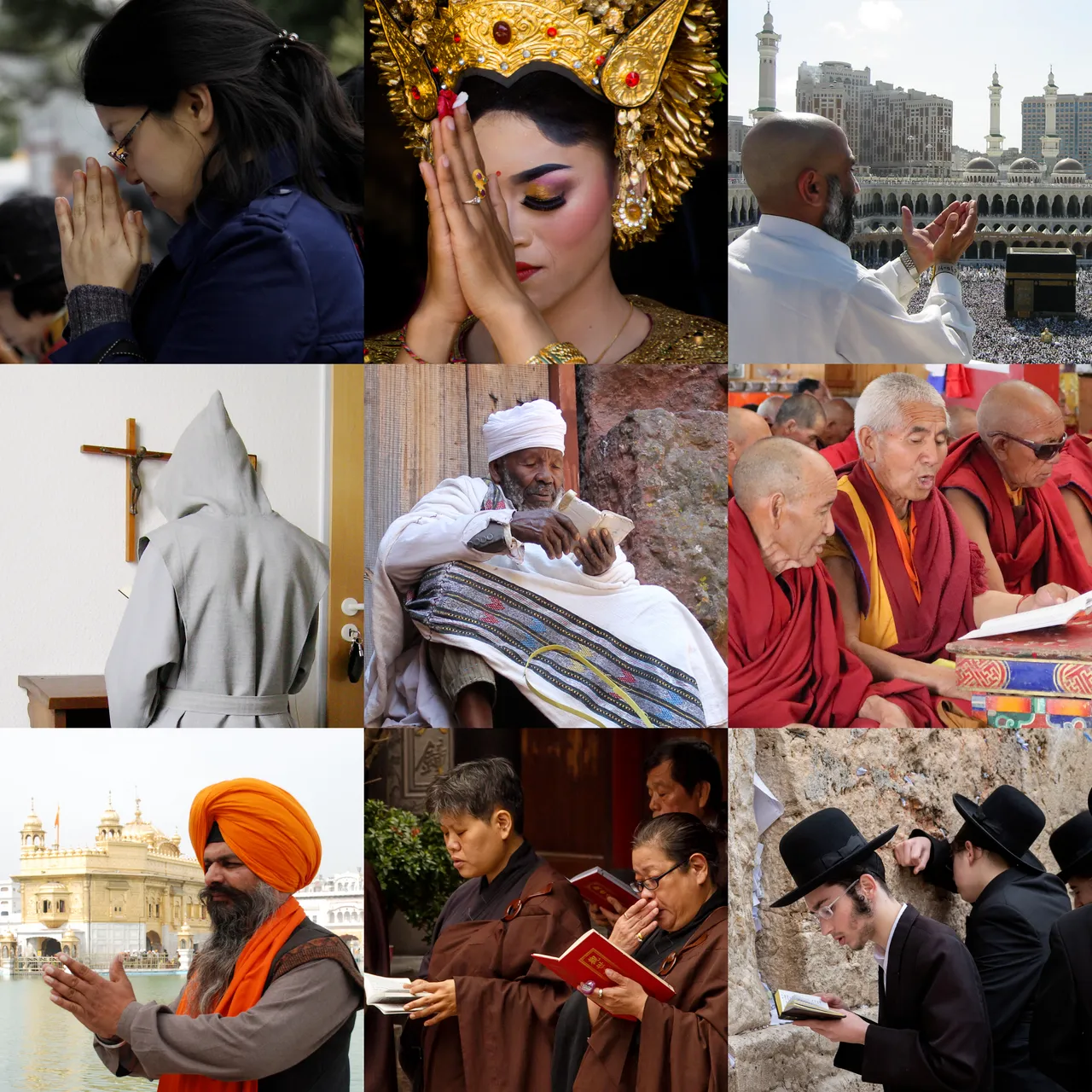 Mosaïque de neuf photos montrant des fidèles de différentes religions en prière : shinto, hindouisme balinais, islam à La Mecque, bouddhisme à Leh, judaïsme au Mur des lamentations, culte chinois au temple Mengjia Longshan, sikhisme au Temple d’Or, moine catholique et prêtre éthiopien à Lalibela.